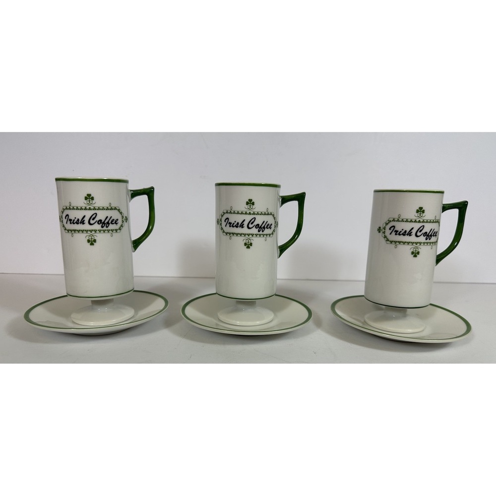 Irish Coffee Mugs Vtg C&S Bone China Green Rim White Clover 5 oz Set 3 Saucers